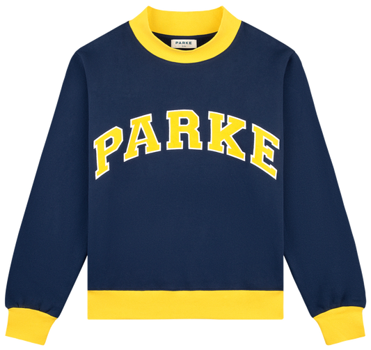 two tone varsity mockneck -denim + maize